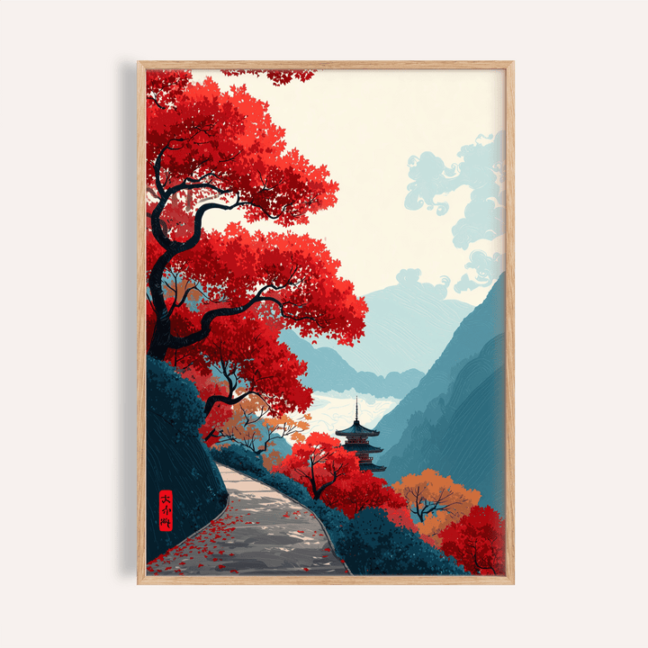 Framed Zen Mountain Poster with red maple tree and pagoda in a Japanese woodblock style