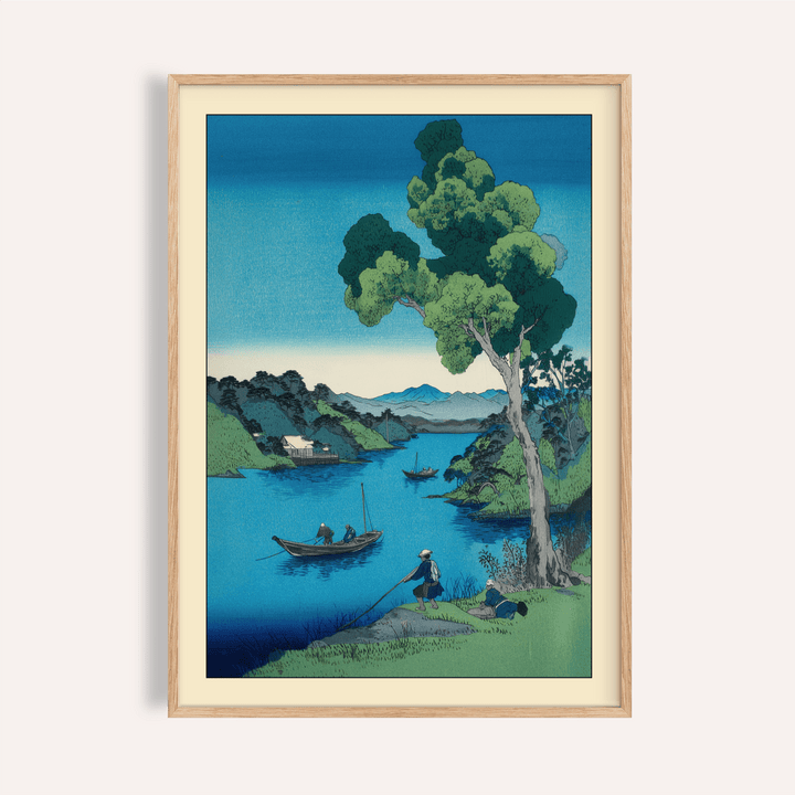 Framed print close-up of Hasui Kawase Bay Print showing a blue river landscape with fishing boats and trees