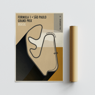 Vintage print of the Sao Paulo Race Circuit Diagram Poster beside a brown packaging tube