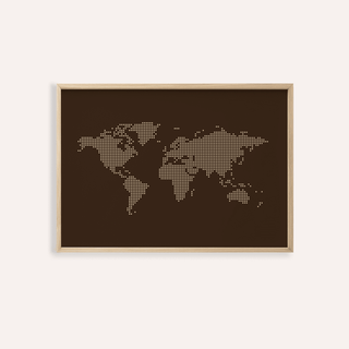 Framed world map poster with brown and beige minimalist dot design