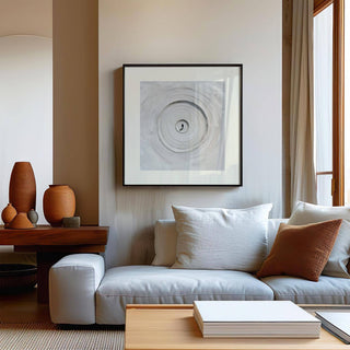 Framed Surrealism Posters print of concentric sand circles in soft greys above a sofa with cushions