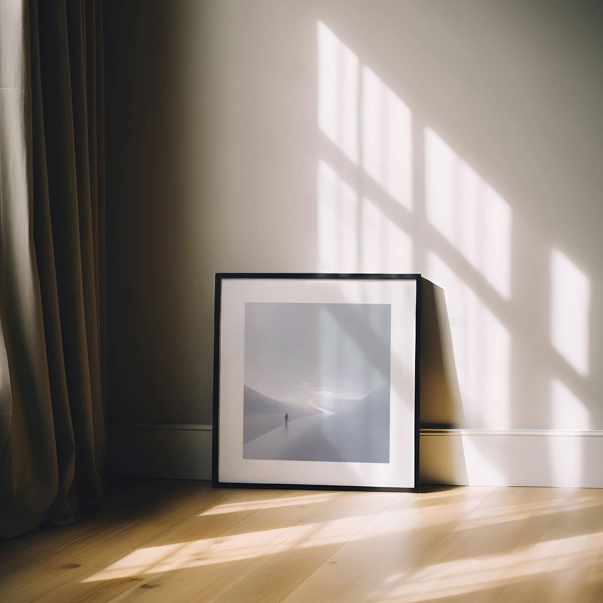 Gray and White wall art of a person on a winding path with soft light and shadow on the floor