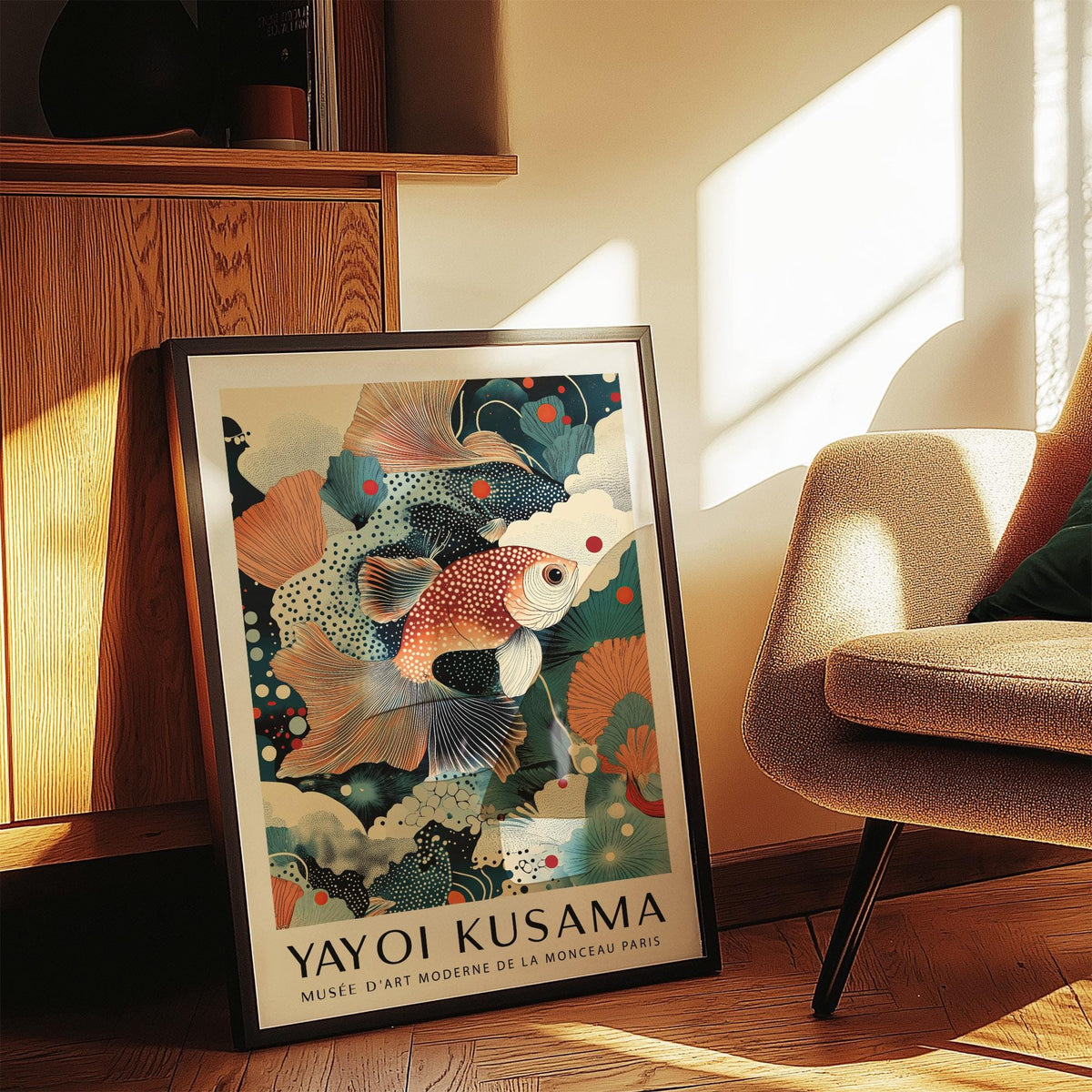 Fish wall art decor showing a goldfish with teal and orange patterns beside a beige armchair