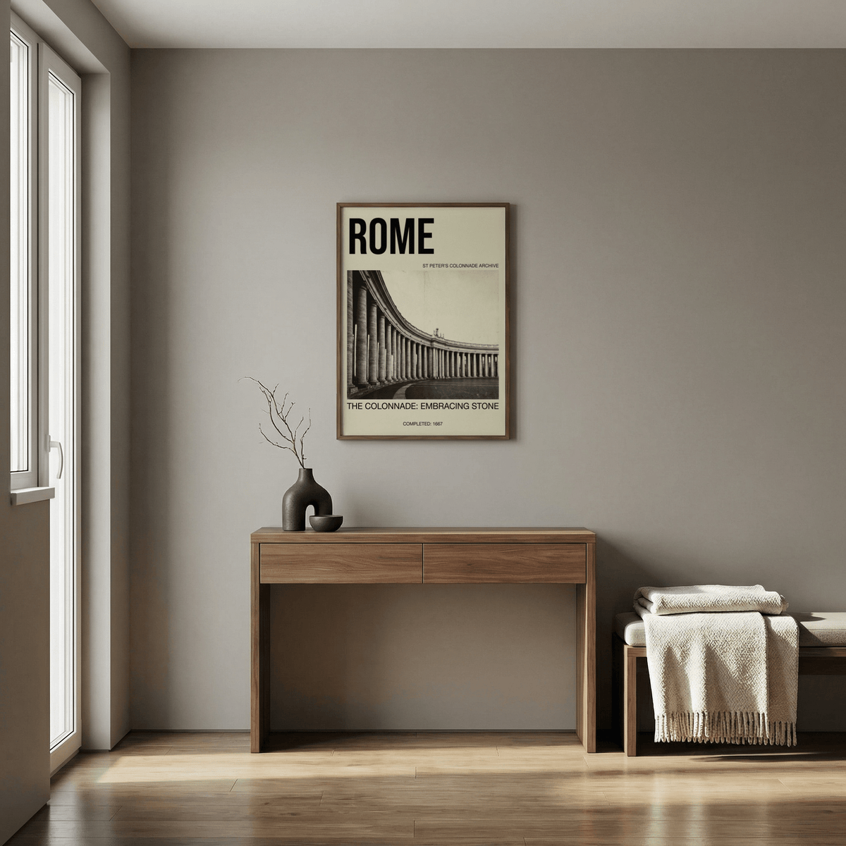 Colonnade Architecture Art Print with St Peter's colonnade in minimalist black and beige hung above a wooden desk