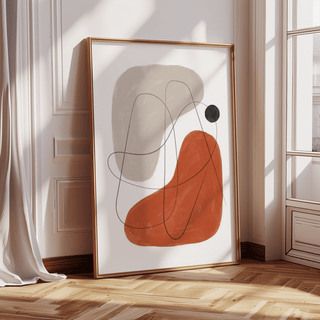 Simple Abstract Art print leaning on floor with natural light and curtain