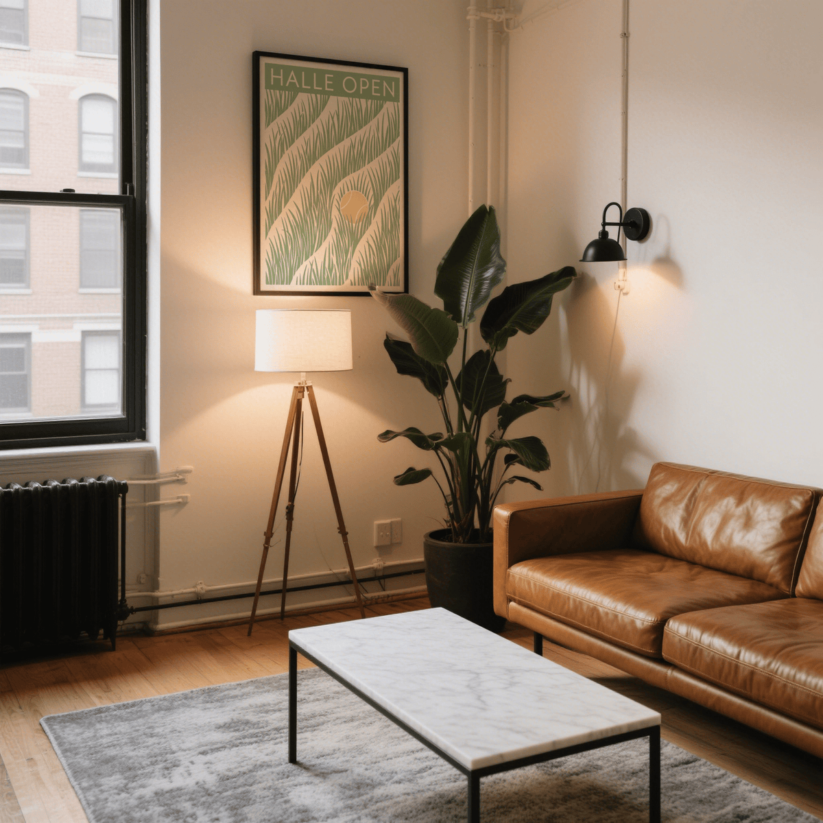 Print on a wall in a living room of a minimalist tennis ball in grass illustration with green and yellow tones beside a leather sofa