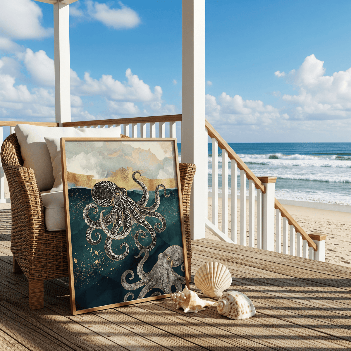 Modern Octopus wall art leaning on a chair with seashells on a wooden deck by the sea