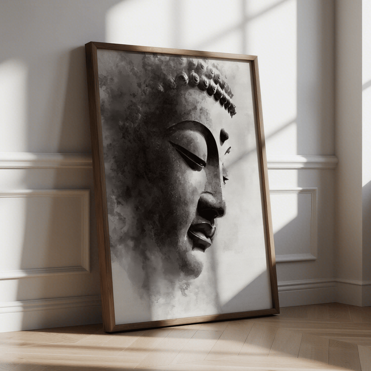 Framed Zen Statue Face Art Print leaning on floor with patterned parquet and wall shadows