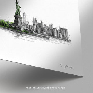 Close-up of New York City Travel Poster line-art showing Statue of Liberty and Manhattan skyline in muted green and grey