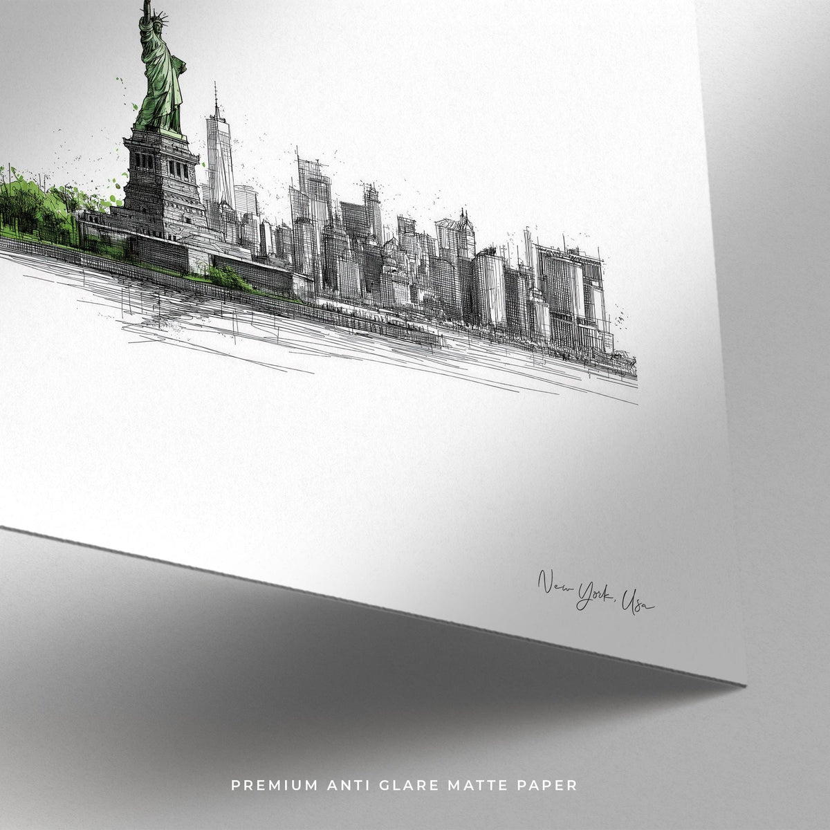 Close-up of New York City Travel Poster line-art showing Statue of Liberty and Manhattan skyline in muted green and grey