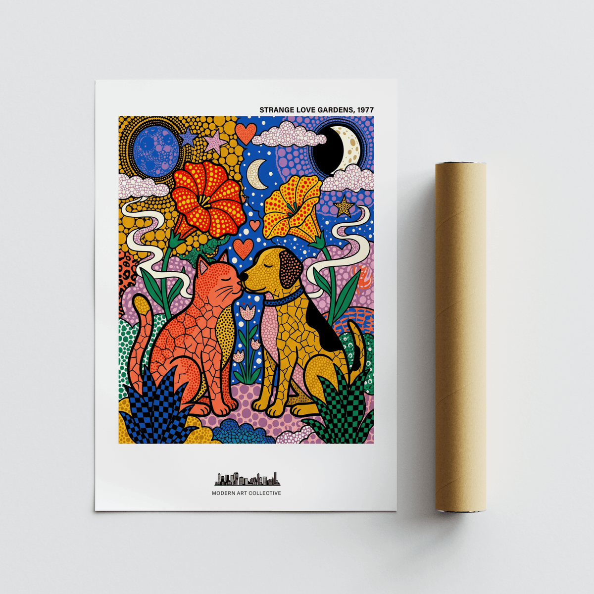 Colorful Animal Art Print with a cat and dog in pop-art style beside a packaging tube