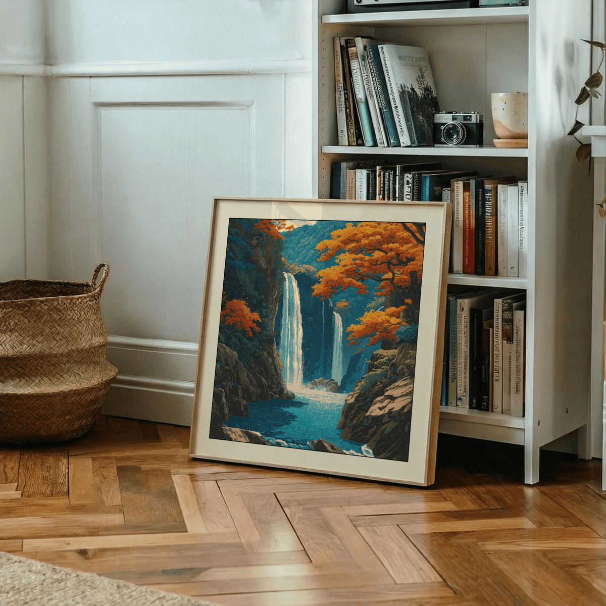 Hasui Kawase Waterfall wall art leaning on the floor by a bookcase with autumn leaves and blue water