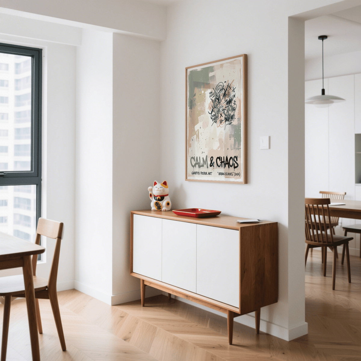 Urban graffiti art print with green and beige abstract background above a sideboard with a cat figurine in a dining room
