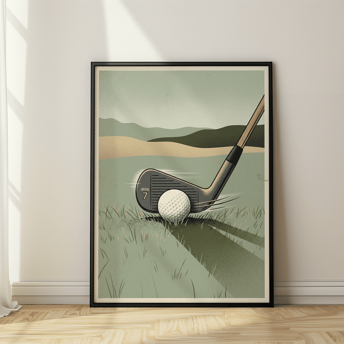Golf Iron Seven Print leaning on a wooden floor with sunlight and white curtains nearby