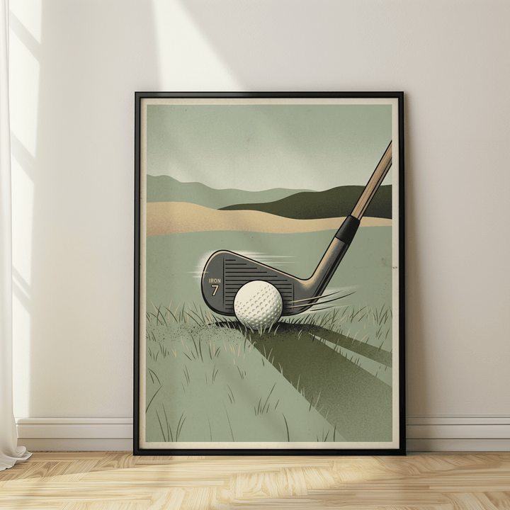 Golf Iron Seven Print leaning on a wooden floor with sunlight and white curtains nearby