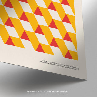 Close-up of Art Posters Gallery geometric triangles pattern in red and yellow on matte paper