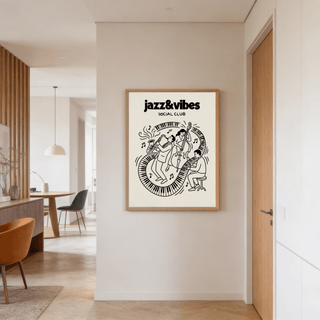 Jazz music wall art of a line-art jazz band in black and cream hung in a dining room