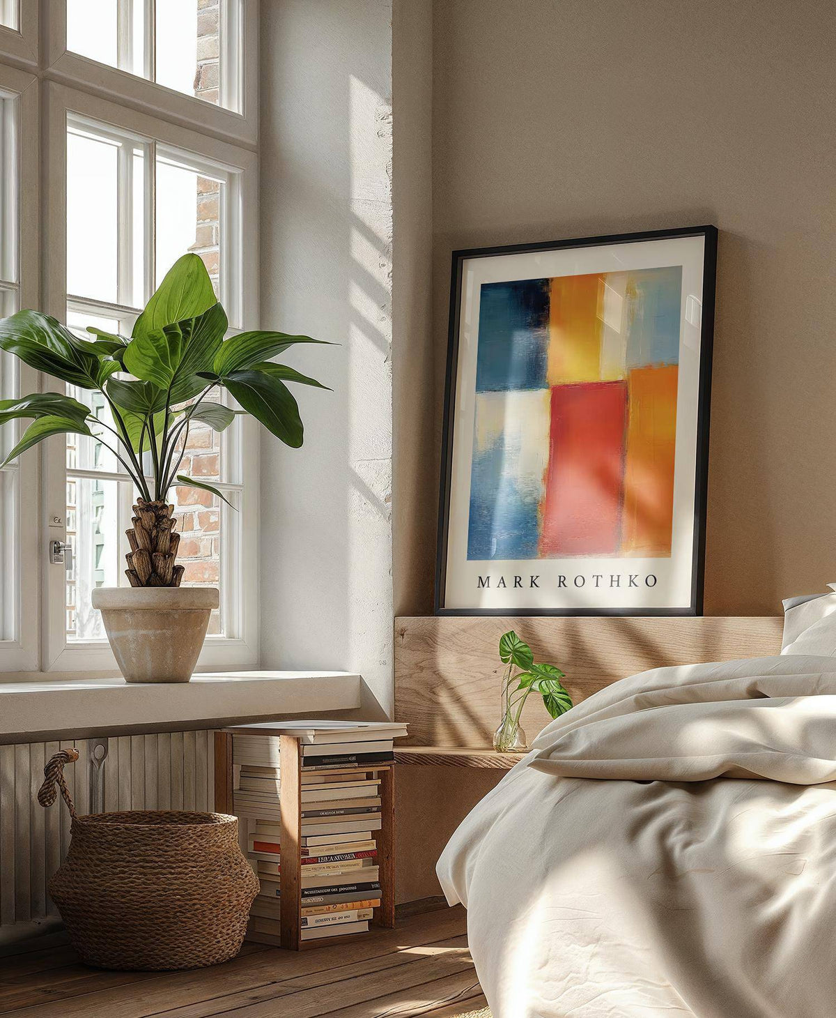 Print leaning on a wooden bedhead with red yellow and blue colour blocks and a plant in a bedroom