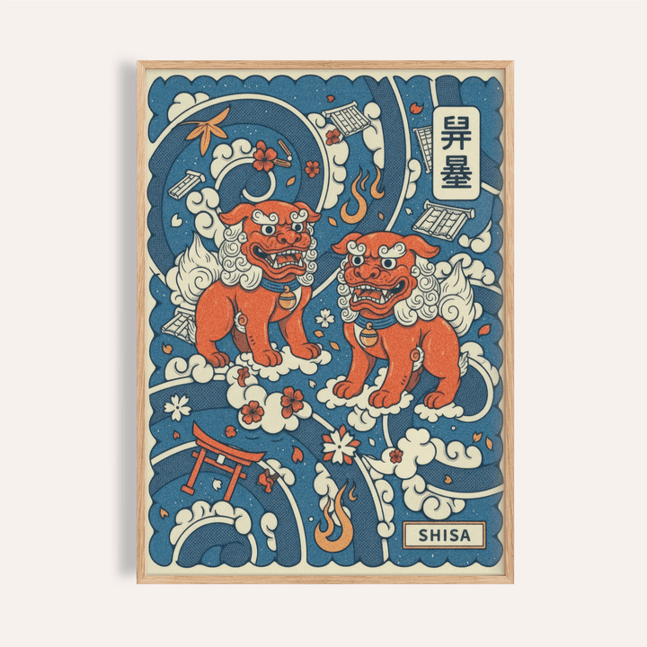 Japanese Shisa Art Print poster showing twin lion-dogs on swirling clouds