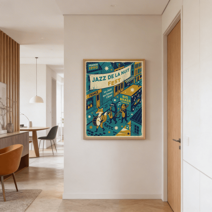 Paris Jazz Poster print of fox playing drum and other animals in vintage mid century style in a hallway