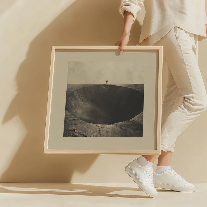Framed surrealist wall art of a large abyss hole held against a beige wall by a person