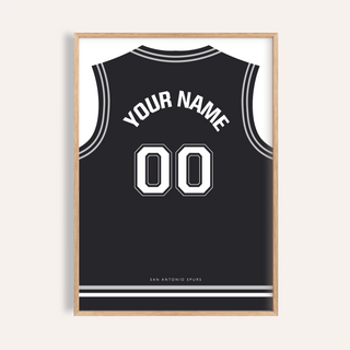 Framed Basketball Jersey Poster in Black with White Number with minimalist typography in a light wooden frame