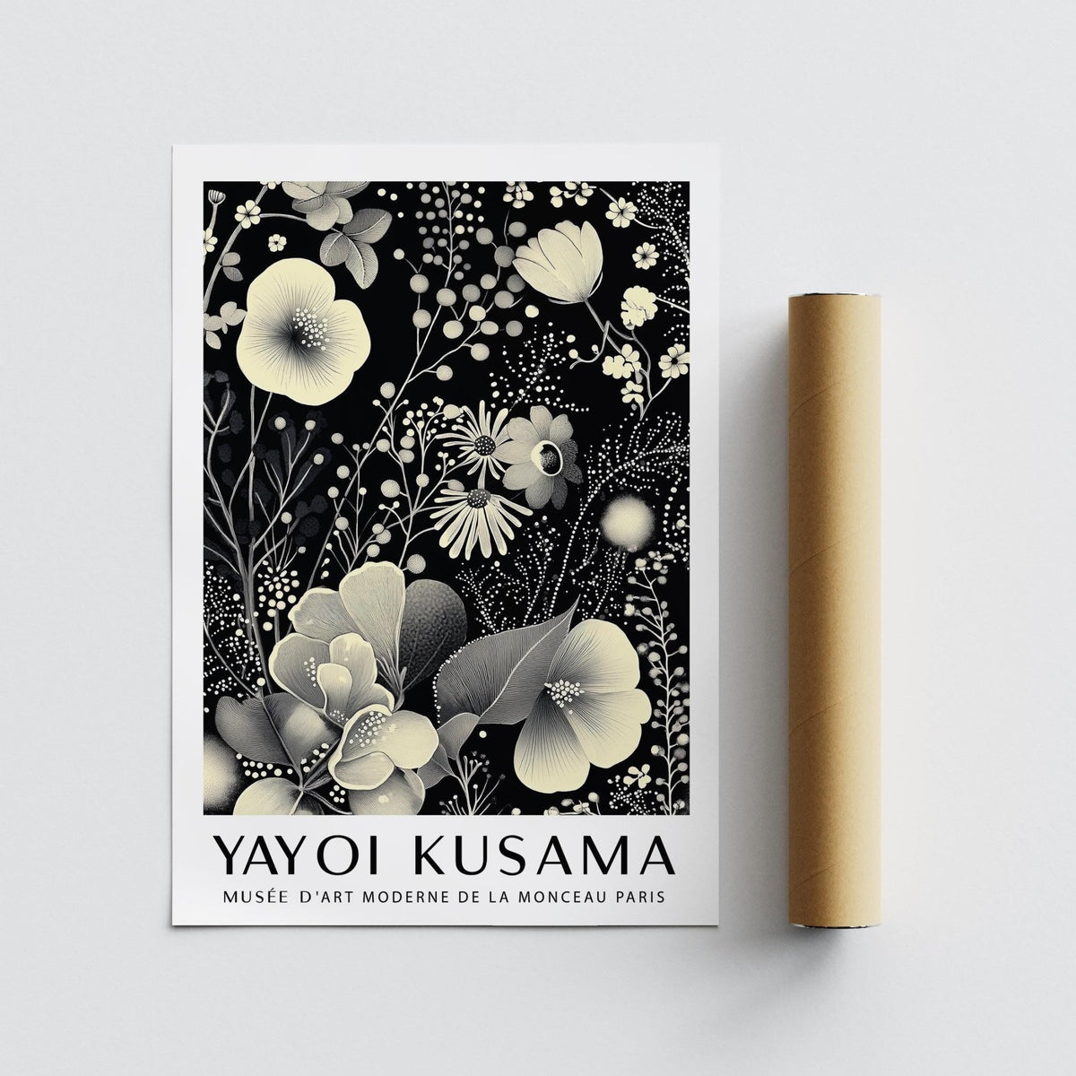 Large Floral Wall Art print rolled with a brown packaging tube on a grey background