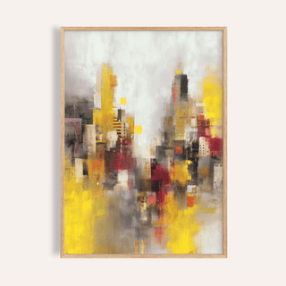 Framed abstract cityscape art print with yellow red and grey tones on a plain background
