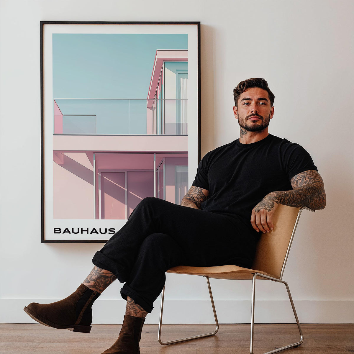 Framed Bauhaus Style print of a pink building facade hanging on a wall above a man sitting on a chair