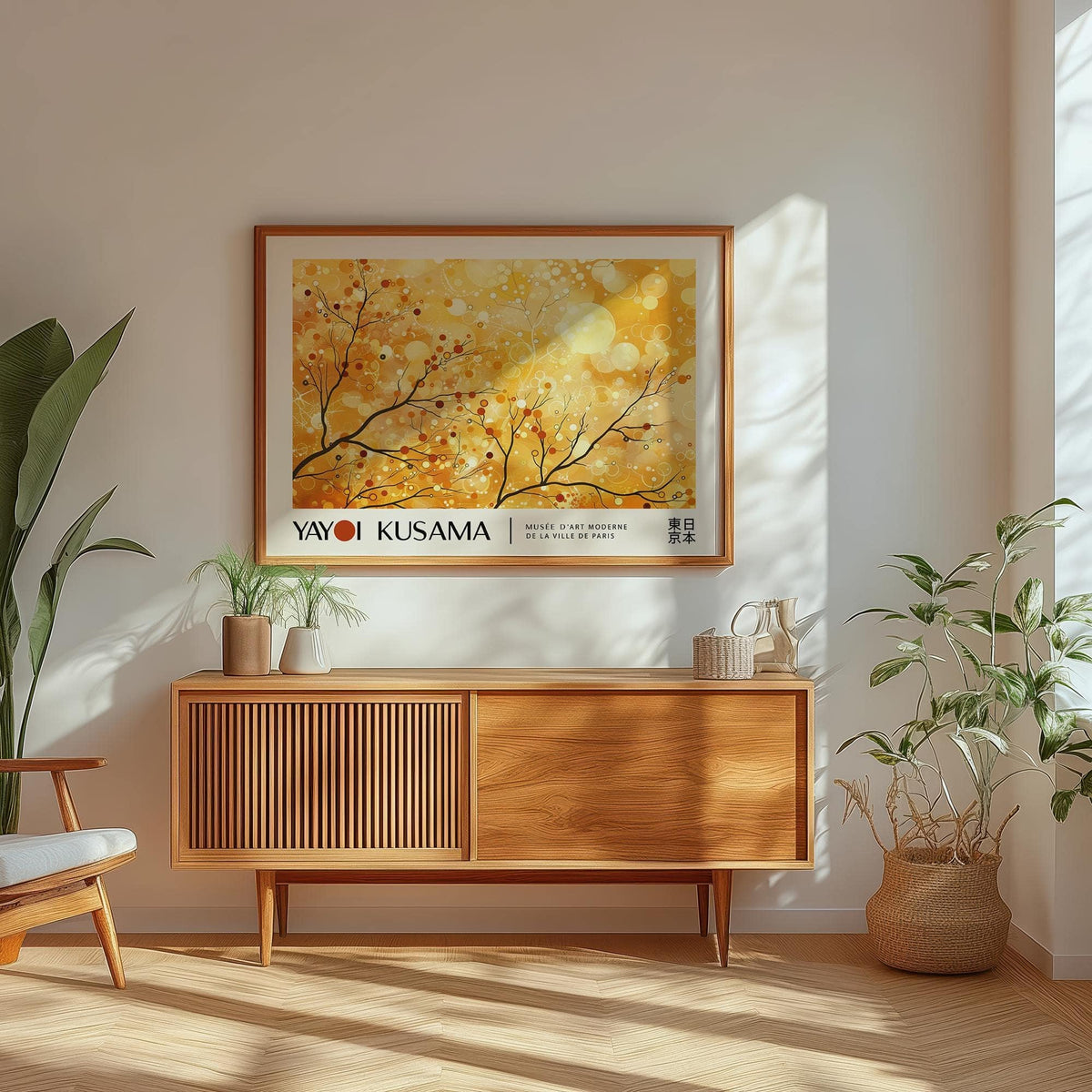 Landscape poster of orange and yellow branches with berries above a wooden sideboard in a bright living room