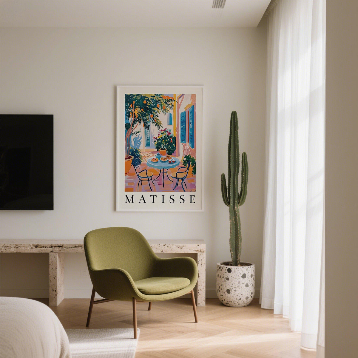 Wall Art Mediterranean vibrant citrus patio scene with blue shutters and table in a light room
