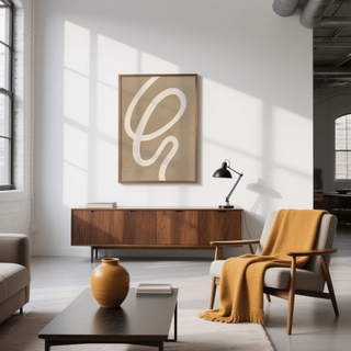 Abstract painting minimalist with a white curved line on beige above a wooden sideboard in a bright living room