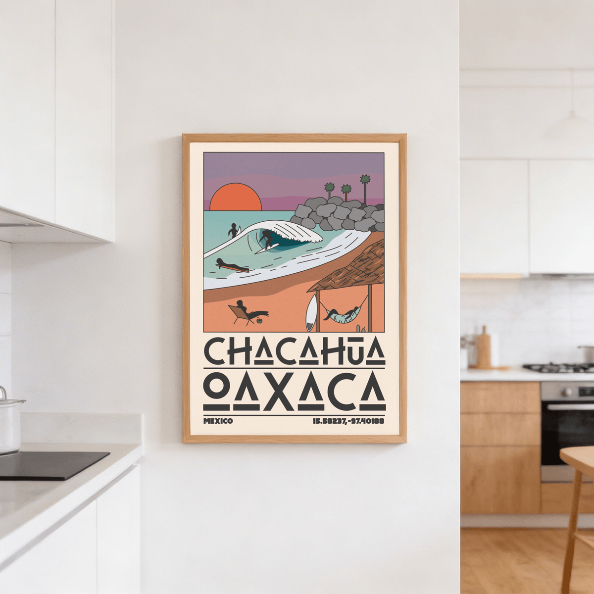 Mexico beach art print of sunset surfing scene with palm trees in a kitchen
