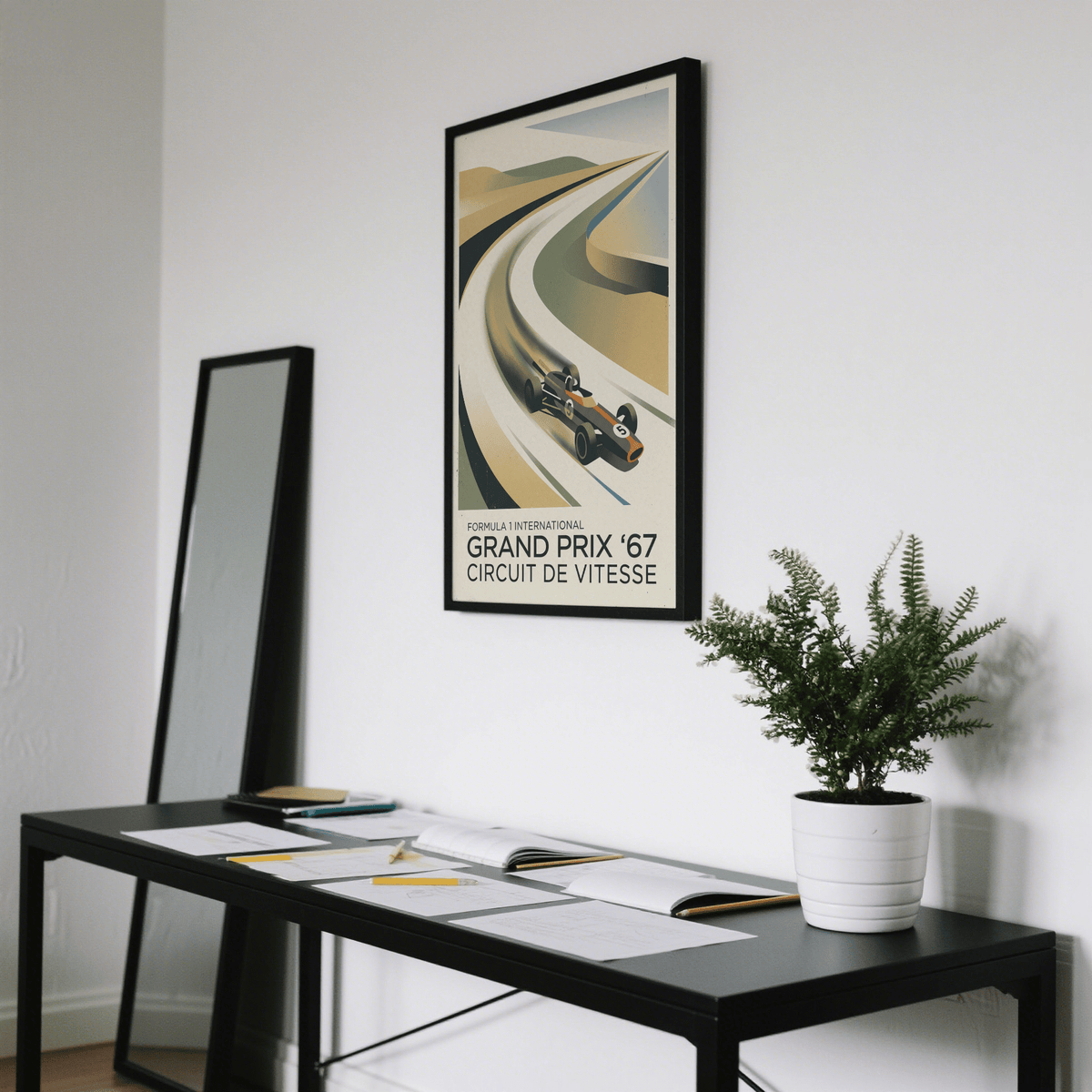 Vintage Racing Art Print on a wall with a minimalist black table and potted plant nearby