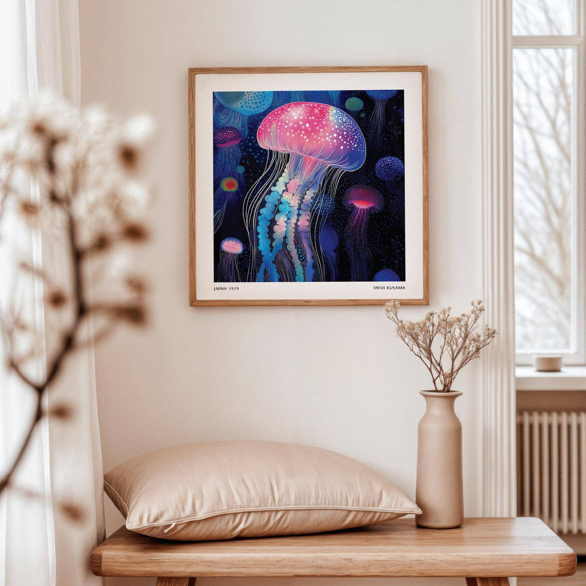 Wall Art Jellyfish framed print of a glowing jellyfish in pink and blue above a wooden table with a vase