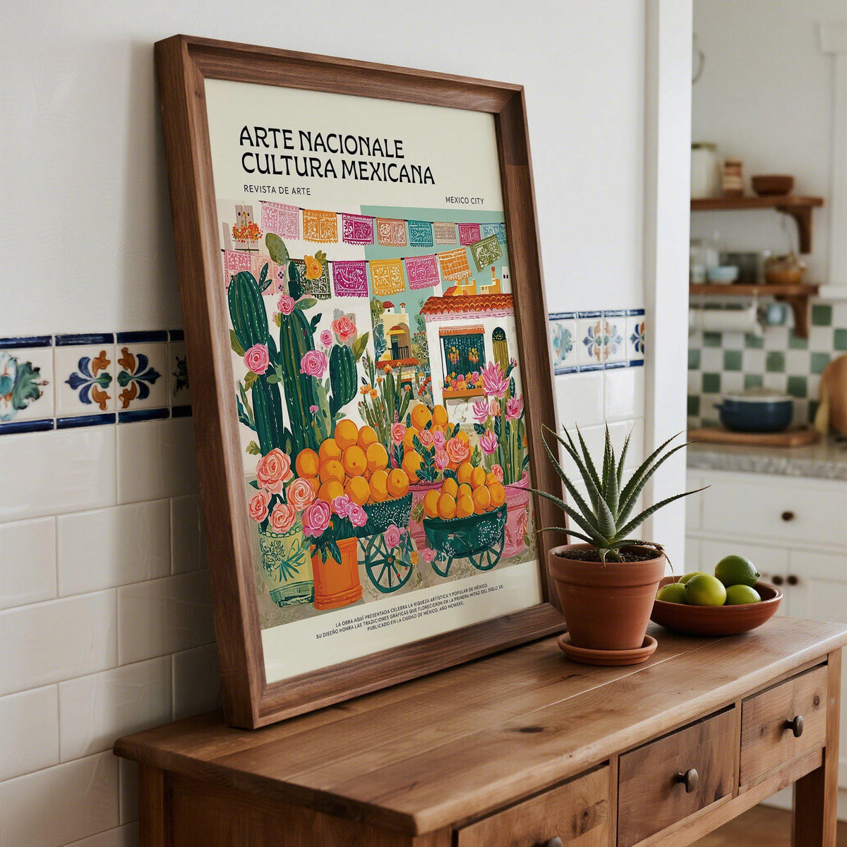 Framed Mexican Kitchen Decor print of a colourful market scene with oranges and cactus on a wooden sideboard near a plant