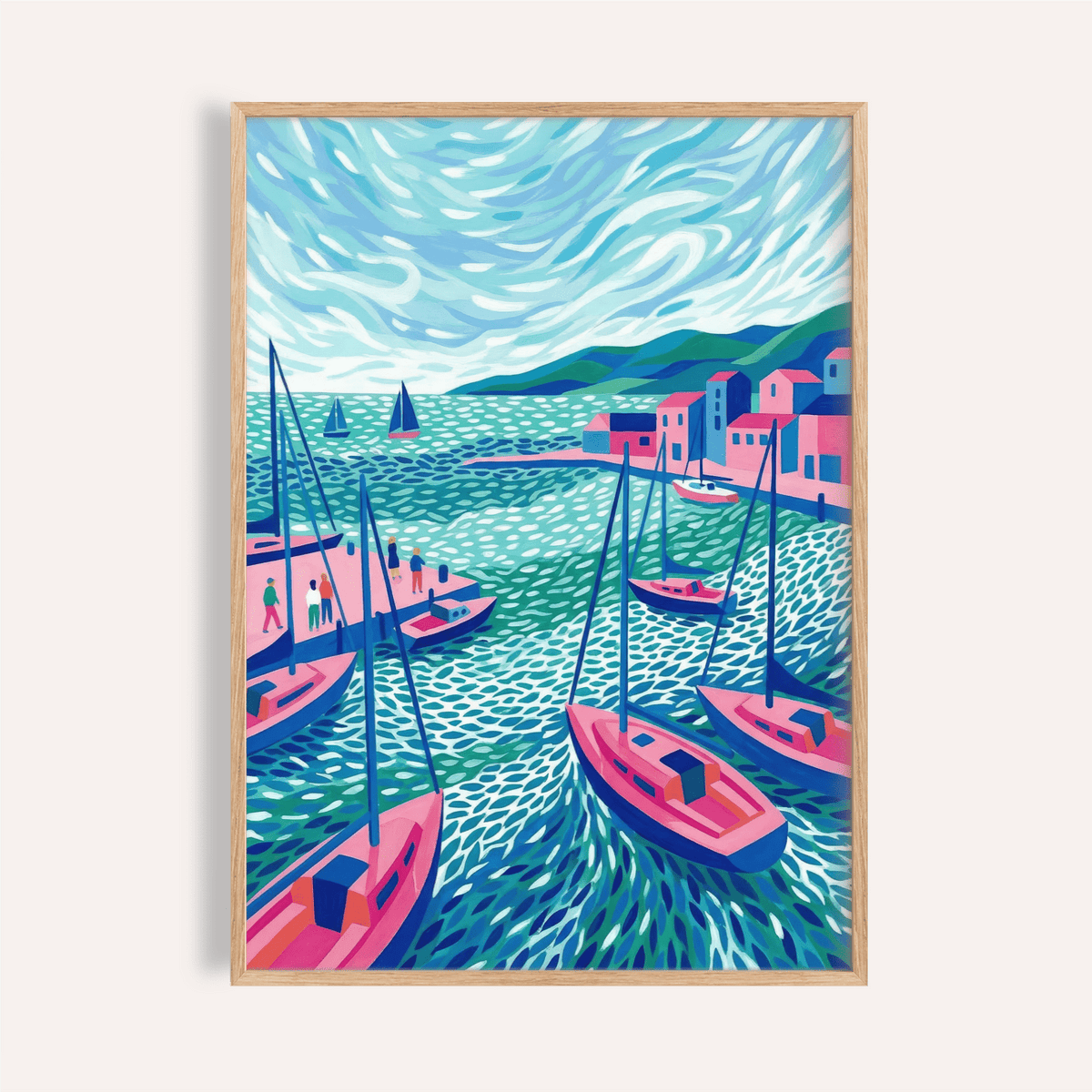 Framed sailboats wall art with pink boats and blue water in a contemporary style