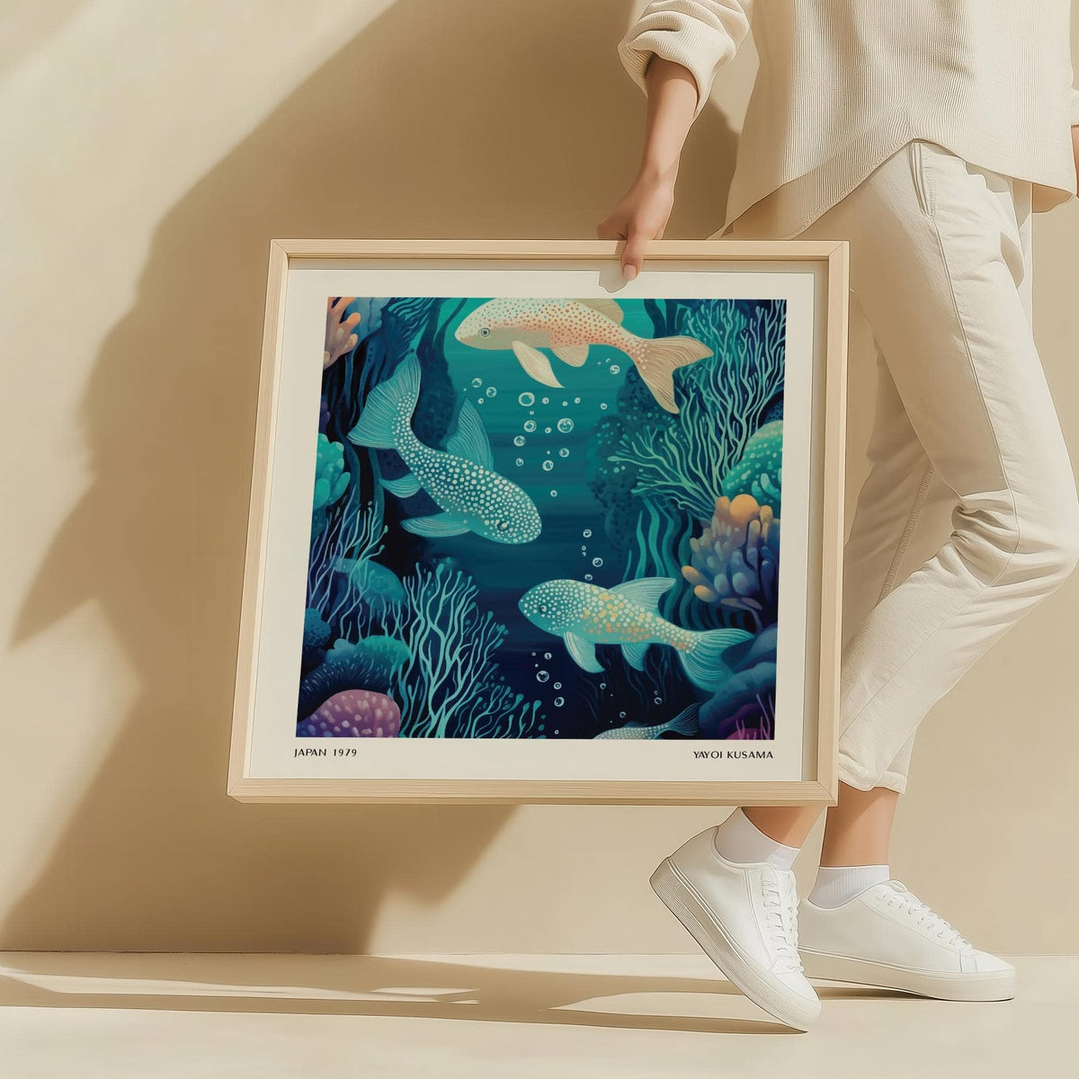 Wall Art Fish print held in hands showing spotted fish and blue seaweed in a light wooden frame