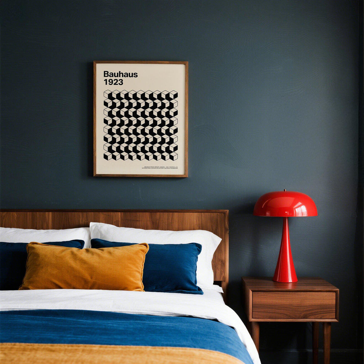 Bauhaus Design framed print with black and white cubes above a wooden bedhead and red lamp