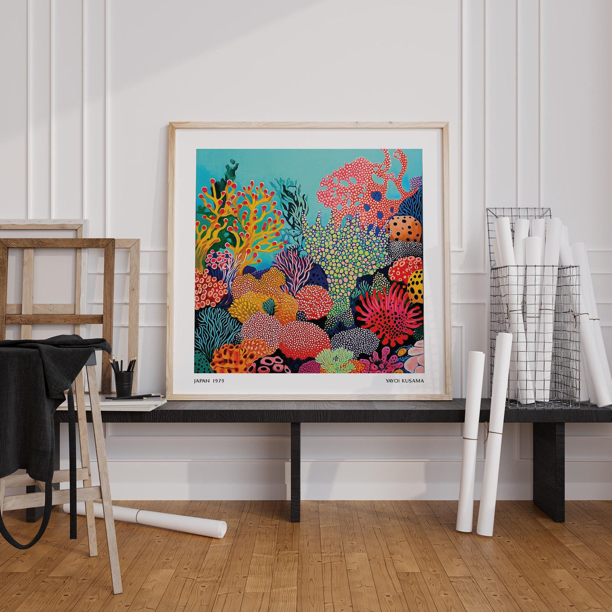 Tropical Sea wall art of colourful abstract coral reef leaning on a low table with rolls nearby