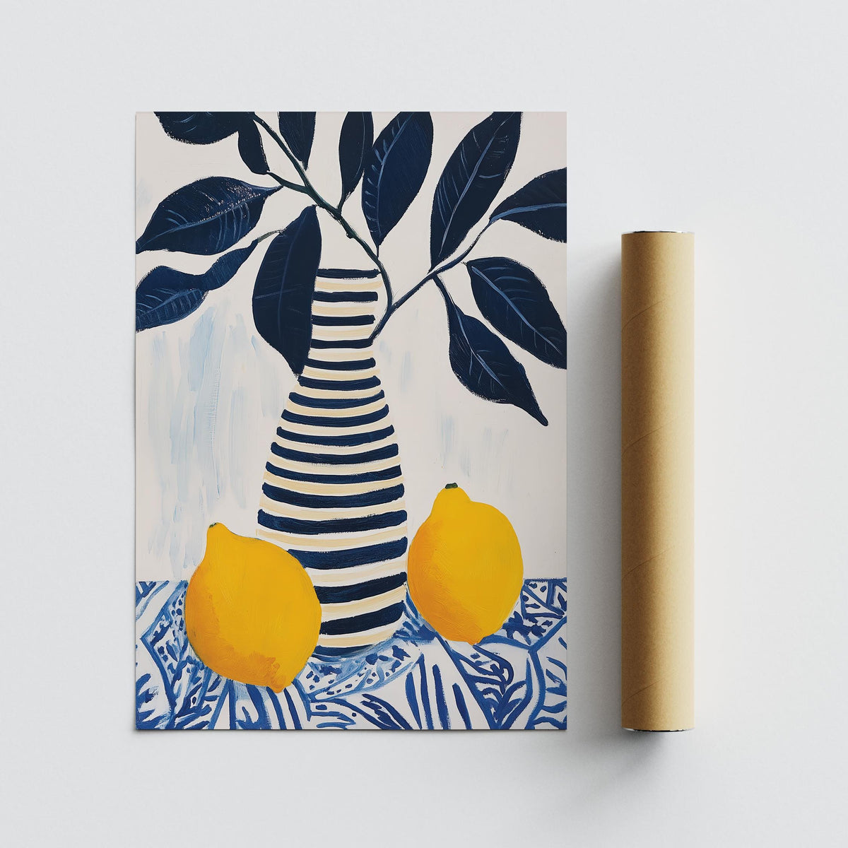 Lemon art print with striped vase and lemons alongside neutral packaging tube
