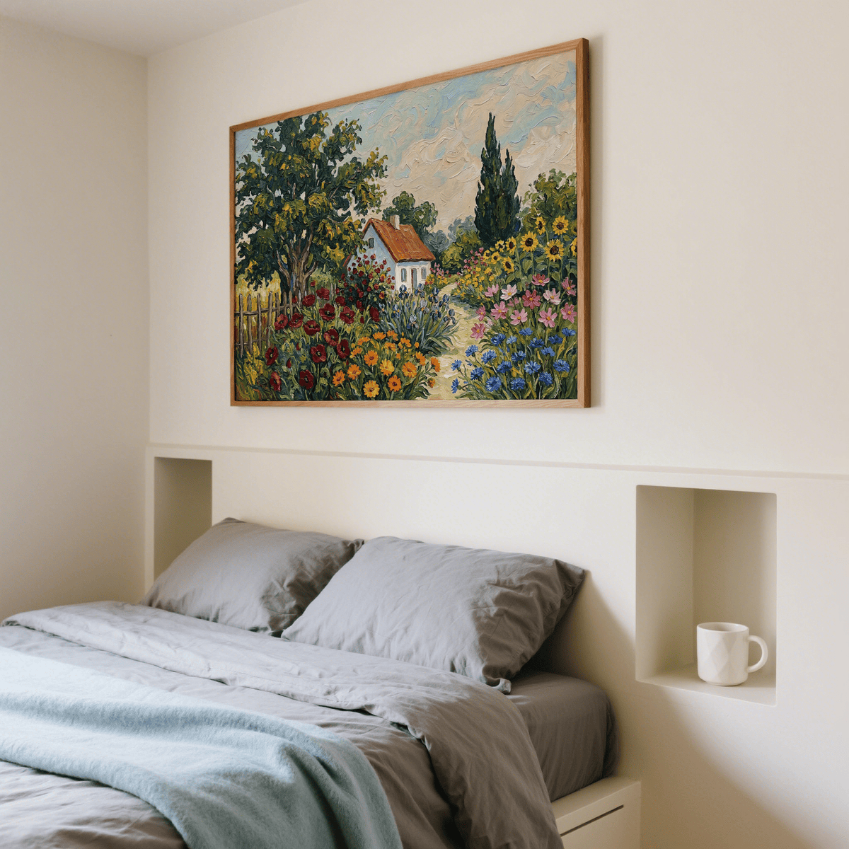 Cottage Garden Art Print above a bed with grey bedding featuring a colourful watercolour cottage and flowers