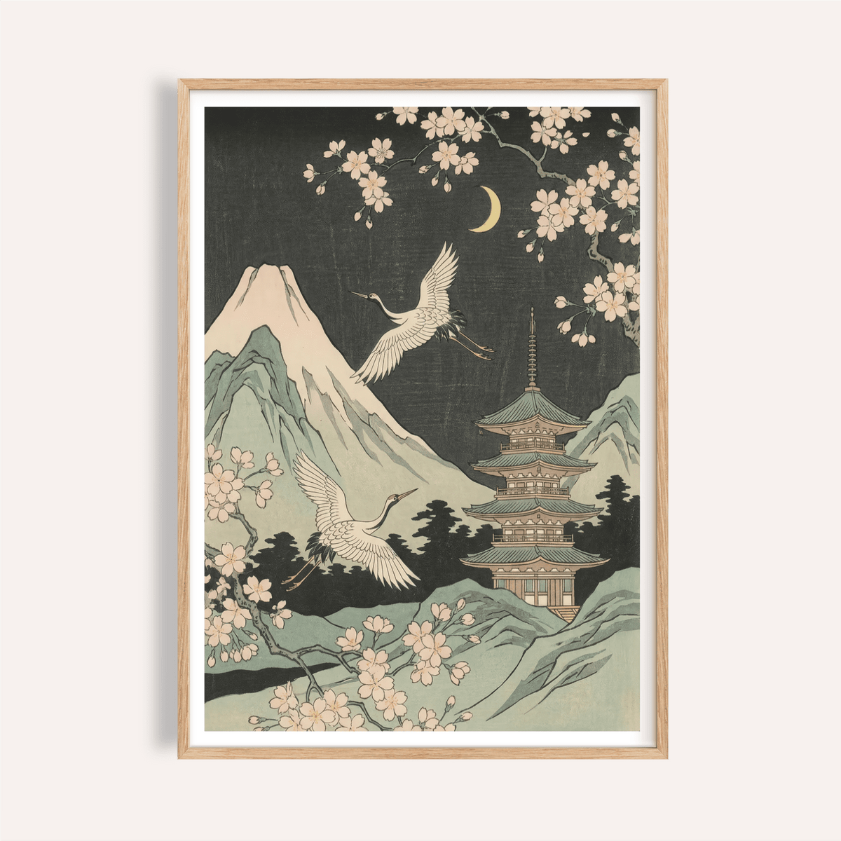 Framed Crane Japanese Art print featuring white cranes and a pagoda under a crescent moon