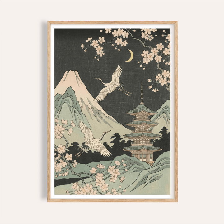 Framed Crane Japanese Art print featuring white cranes and a pagoda under a crescent moon