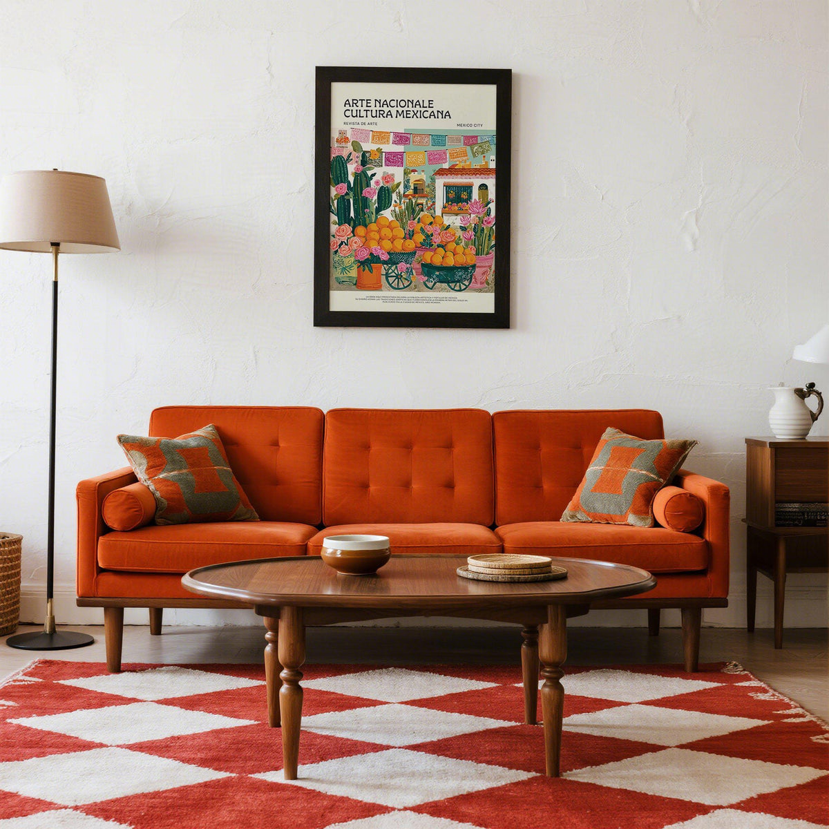 Mexican Kitchen Decor framed print of a colourful market scene above an orange sofa with cushions