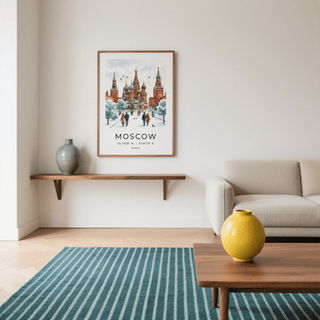 Moscow City Art Print framed on a white wall above a wooden shelf with a blue vase in a living room