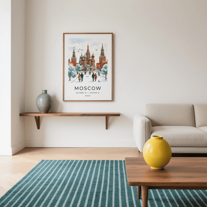 Moscow City Art Print framed on a white wall above a wooden shelf with a blue vase in a living room