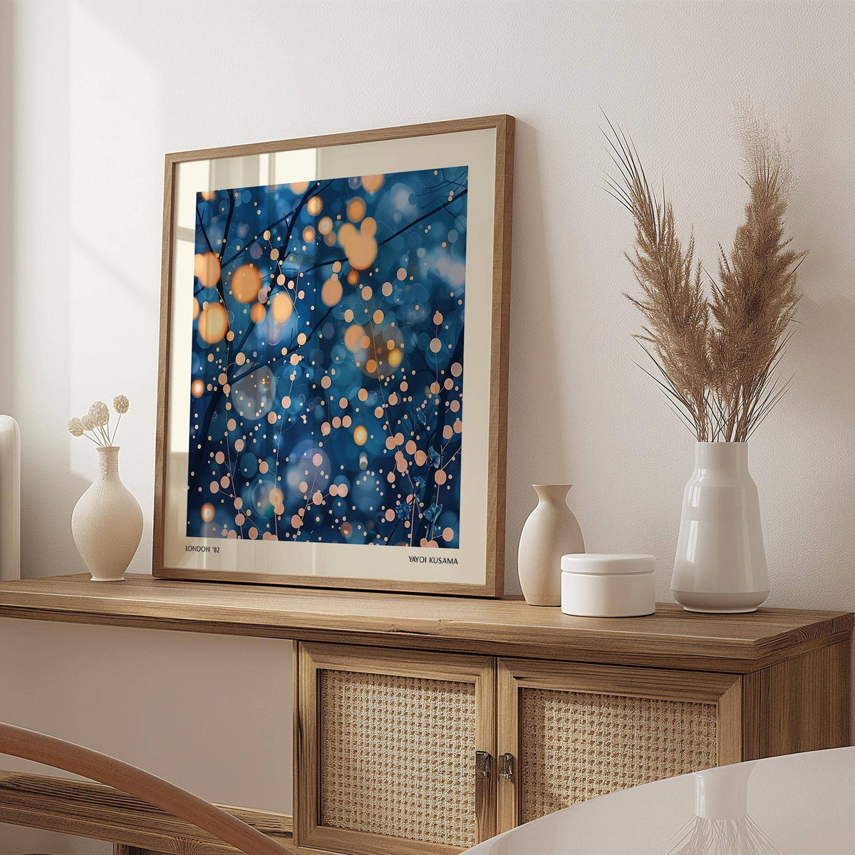 Modern Painting Prints leaning against wall showing abstract lights and branches on cabinet with vases