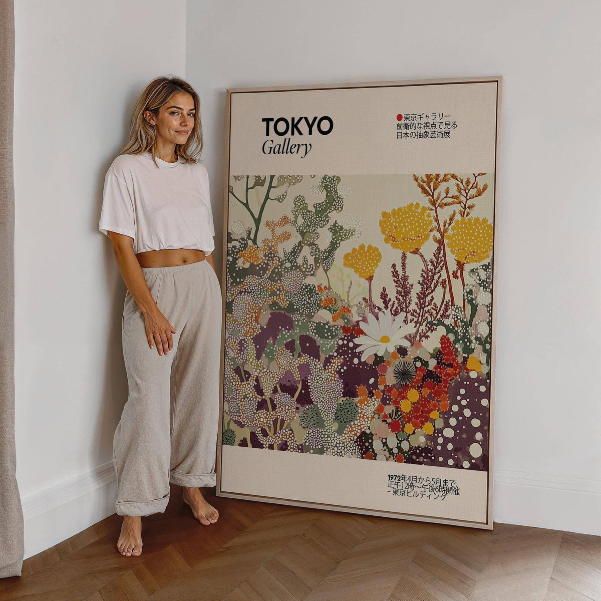 Print on a wall in a room showing vintage floral print with colourful abstract flowers and Japanese text