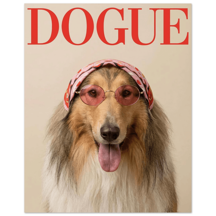 Rough Collie Dogue Print of a collie dog wearing pink sunglasses and a red scarf